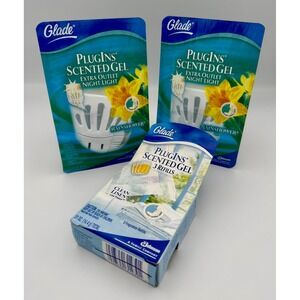 Vintage Glade PlugIns Scented Gel Lot 2 Rainshower Warmers 3 Clean Linen Refills
